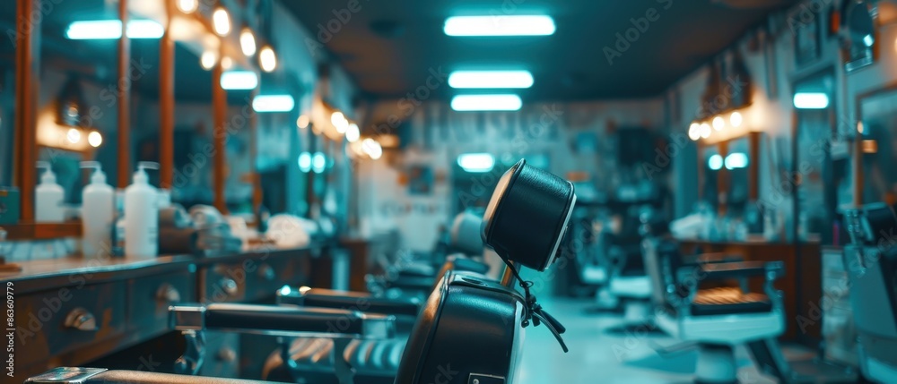 Obraz premium Barbershop interior in a city, with blurred background.