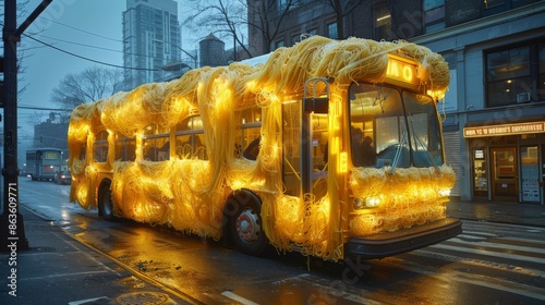 A bus made of noodles driving on the streets of New York City, with a huge amount of spaghetti wrapped around it and a glass display window in front. photo