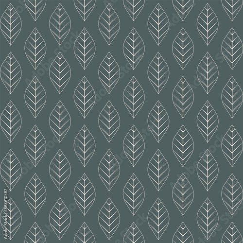 Leaf fall Seamless pattern White leaves contour on green background Isolated pattern Vector illustration