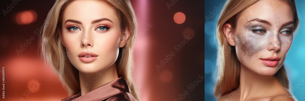 Beautiful blonde woman with artistic makeup, featuring glitter and rhinestones, posed against a contrasting warm and cool background. Beautiful blonde woman with artistic makeup, featuring glitter and rhinestones, posed against a contrasting warm and cool background.
