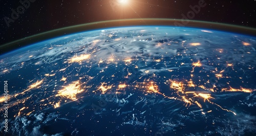 Satellite Orbiting Earth at Sunset With City Lights Visible