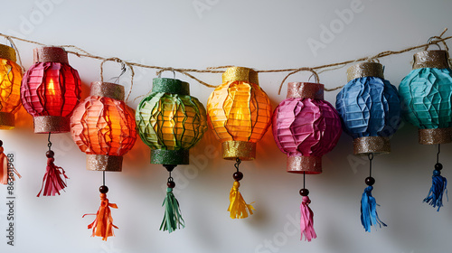 A vibrant display of paper lanterns hanging on a rope, adding a festive touch to the surroundings. photo