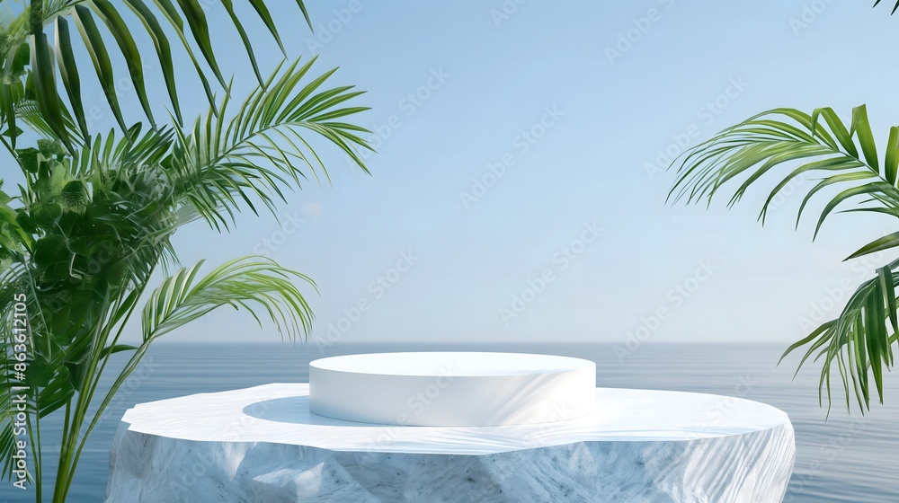 Empty podium for product presentation, palm leaf on seascape. Summer beach themed background