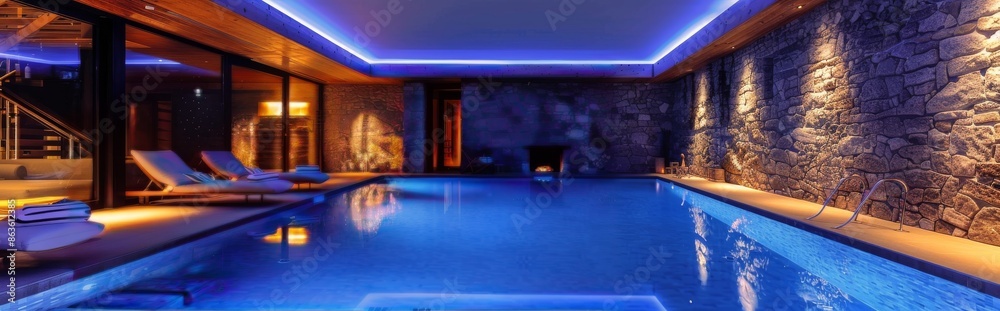 Indoor Swimming Pool With Stone Walls and Lounge Chairs in a Modern Villa Indoor Swimming Pool With Stone Walls and Lounge Chairs in a Modern Villa