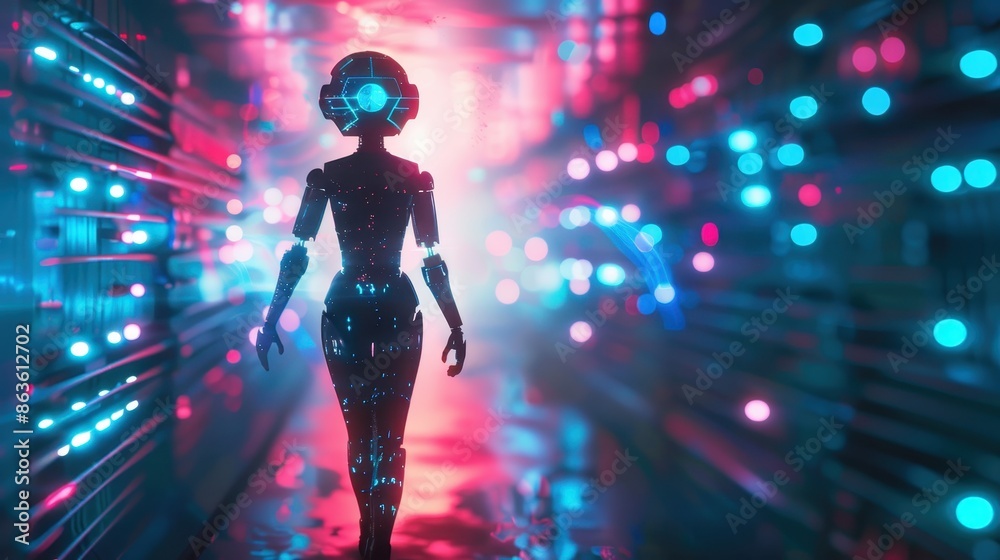 a robot in a futuristic setting with vibrant lights a robot in a futuristic setting with vibrant lights