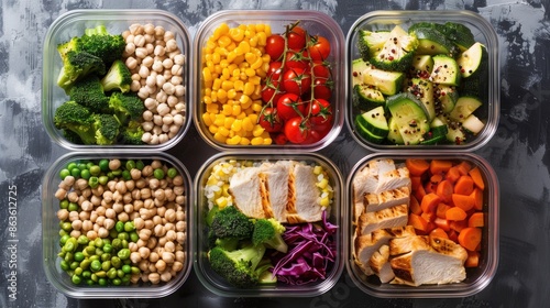 Healthy meal prep containers filled with balanced portions of protein, veggies