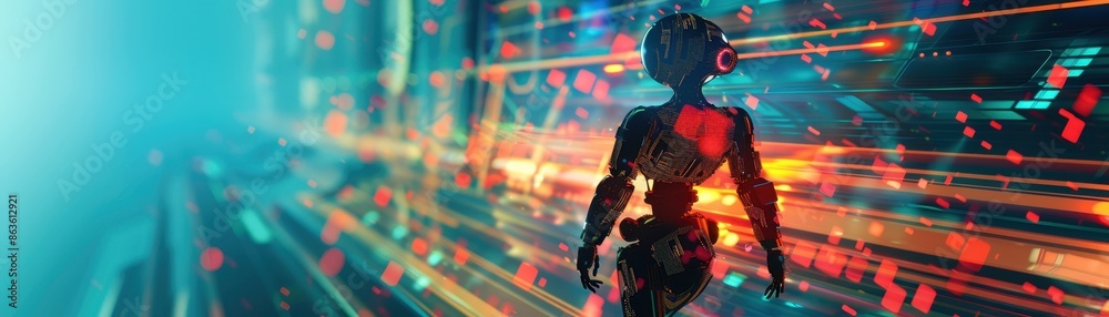 a robot in a futuristic setting with vibrant lights a robot in a futuristic setting with vibrant lights