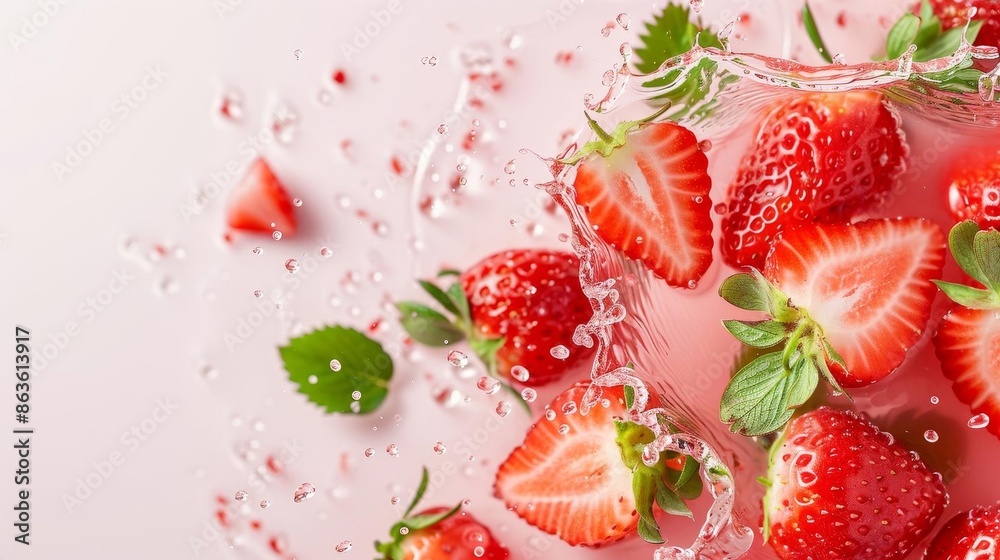 Fresh strawberries splashing in water on a light pink background, highlighting their vibrant color and juicy texture. Fresh strawberries splashing in water on a light pink background, highlighting their vibrant color and juicy texture.