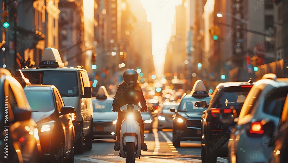 Scooter navigating through busy city traffic during sunset. Urban commute, transportation, and cityscape concept. Scooter navigating through busy city traffic during sunset. Urban commute, transportation, and cityscape concept.
