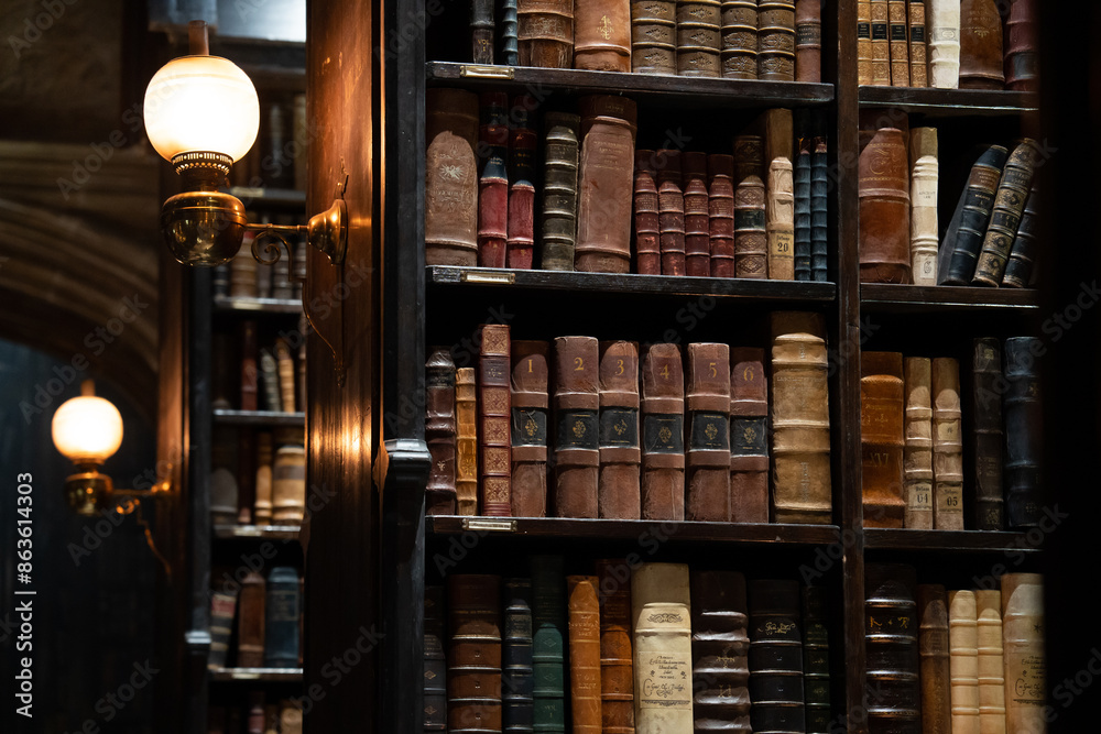 Fototapeta premium JAPAN - Nov 13, 2023: Hogwarts library with vintage bookshelves filled with old leather bound books illuminated by antique wall lamps at Warner Bros. Studio Tour Tokyo, The Making of Harry Potter