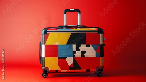 Colorful Geometric Design Hard Shell Suitcase on Red Background photo