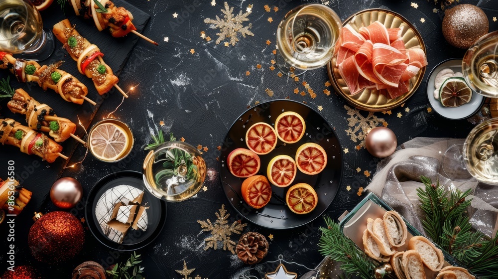 Sparkling New Year's Eve Feast Festive Table Setting with Glittering Decor and Delicious Appetizers TopDown View for Anonymous Celebration Sparkling New Year's Eve Feast Festive Table Setting with Glittering Decor and Delicious Appetizers TopDown View for Anonymous Celebration