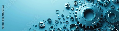 Industrial Style Banner Design with Small Mechanical Product Elements in the Left Bottom Corner on Solid Light Blue Background. Simple and Clear with Large Blank Right Side.