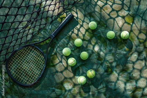 Tennis Racket and Balls on a Green Court With Net Shadow