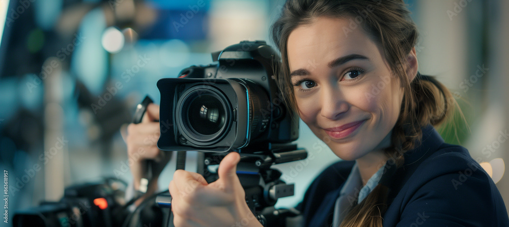 Female Videographer Thumbs Up with Camera in Studio Setting Female Videographer Thumbs Up with Camera in Studio Setting