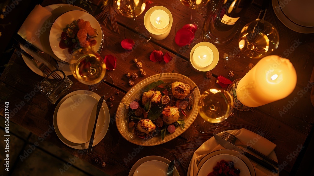 Romantic Date Night Candlelit Dinner for Two with Shared Platter and Wine Glasses Captured from Above for Intimate Privacy Romantic Date Night Candlelit Dinner for Two with Shared Platter and Wine Glasses Captured from Above for Intimate Privacy