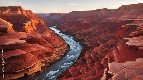 A winding river flows through a deep canyon