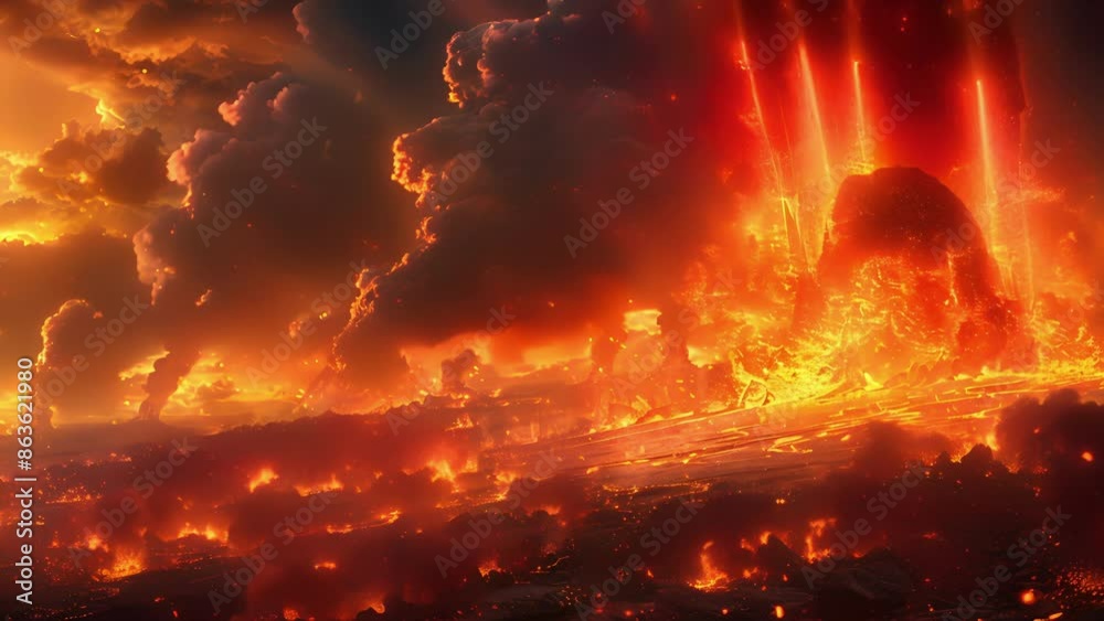 Lava spewed from the ground red hot embers glowing and sizzling as they hit the surface. Lava spewed from the ground red hot embers glowing and sizzling as they hit the surface.