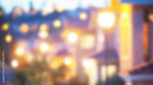 Soft-focus blur of a residential neighborhood at night, with bokeh lights from street lamps and illuminated windows