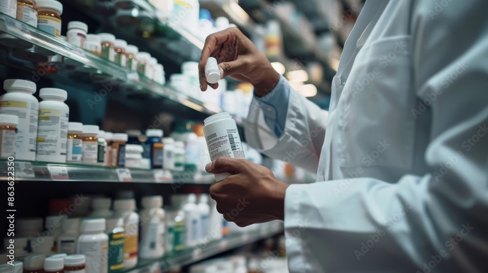 Naklejka premium Precision in Practice Pharmacist Filling Prescription Bottle with Care Shelves of Medicine in Soft Focus
