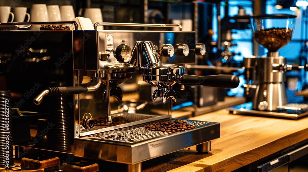 Professional Espresso Machine With Coffee Beans in a Modern Cafe Setting Professional Espresso Machine With Coffee Beans in a Modern Cafe Setting