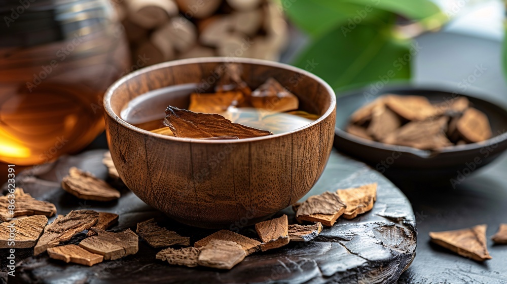 Wooden Bowl Of Chaga Mushroom Tea With Dried Pieces On Dark Surface Wooden Bowl Of Chaga Mushroom Tea With Dried Pieces On Dark Surface