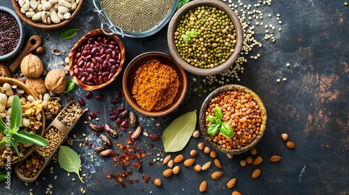 Balanced Diet Staples: A selection of whole foods including beans, legumes, nuts, and seeds, showcasing nutritious pantry staples for creating balanced meals photo