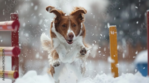 dog jumping in a participating winter event photo
