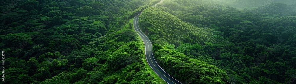 Fototapeta premium A stunning aerial photograph showcasing a winding road cutting through dense, vibrant green forested hills under a clear sky.