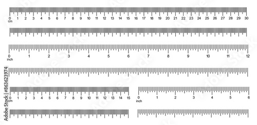 Measuring charts with 30 centimeters, 12 inches. Horizontal scale with 6 inch and 15 centimeter markup and numbers. Rulers Inch and metric rulers template.