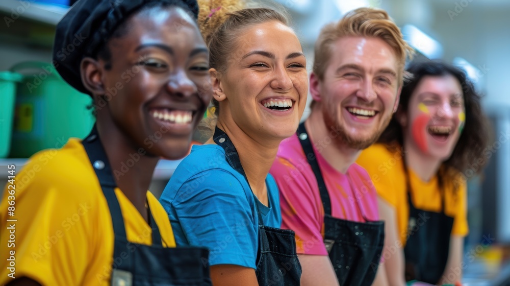 A diverse cleaning team laughing and working together, showcasing a positive and collaborative work environment. A diverse cleaning team laughing and working together, showcasing a positive and collaborative work environment.