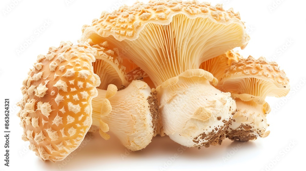 Close-up of fresh, golden mushrooms on a white background, perfect for culinary and botanical use. Close-up of fresh, golden mushrooms on a white background, perfect for culinary and botanical use.