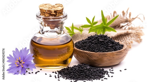 A bottle of black seed oil with black cumin seeds, a small wooden bowl, and a purple flower on white background.