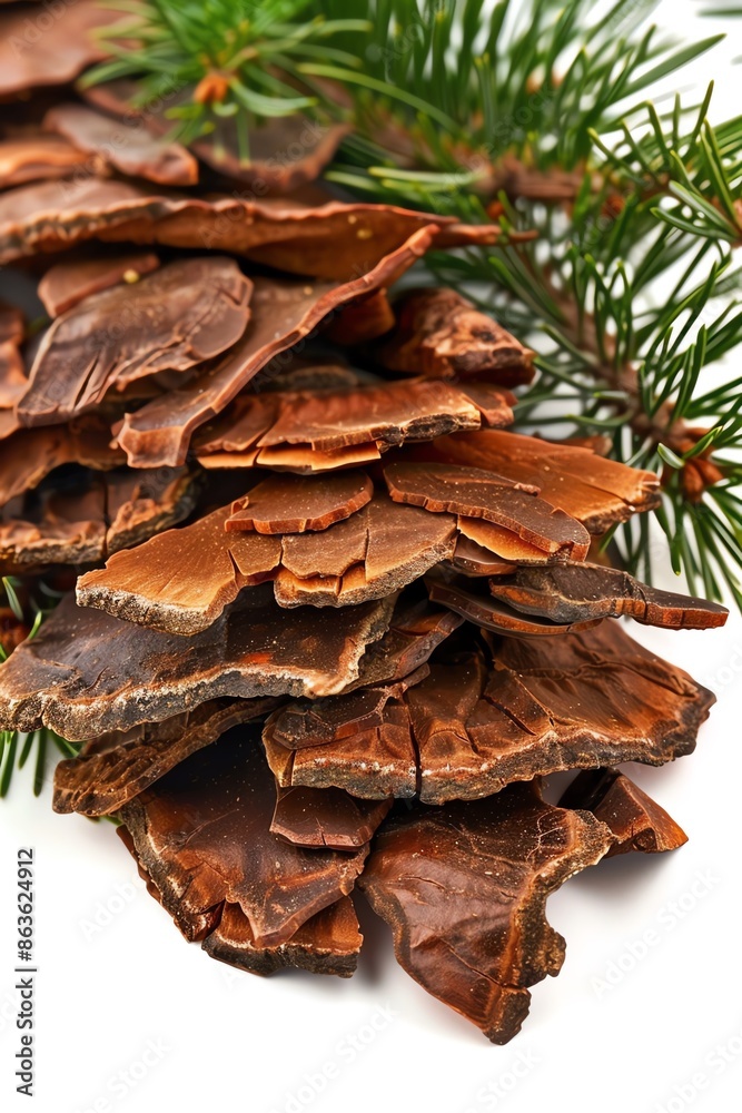 Close-up of dried mushrooms with pine tree branches on a white background, showcasing natural textures and colors. Close-up of dried mushrooms with pine tree branches on a white background, showcasing natural textures and colors.