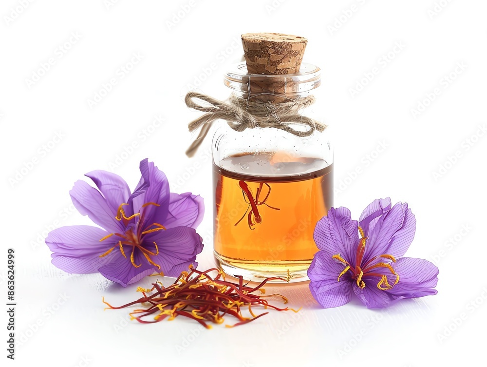 A glass bottle of saffron oil with purple saffron flowers and red saffron threads isolated on white background.