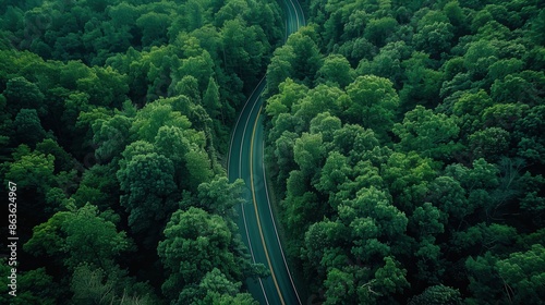 A stunning aerial photograph capturing a winding road cutting through a dense, vibrant green forest during summer.