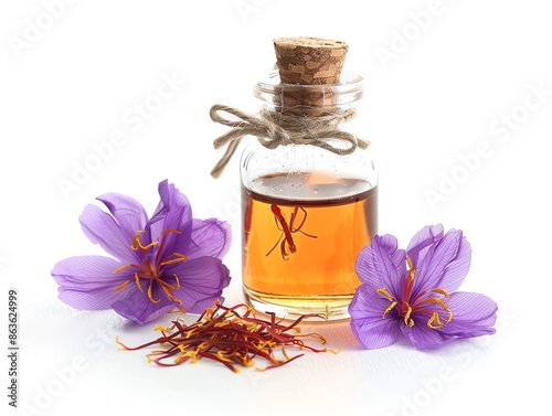 Obraz na płótnie A glass bottle of saffron oil with purple saffron flowers and red saffron threads isolated on white background. w salonie