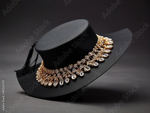 A stunning hat, adorned with intricate details and shimmering jewels, stands proudly on a sleek studio background,.