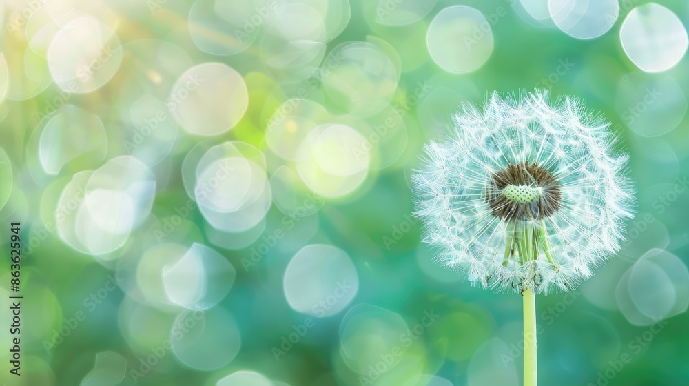 Close up of vibrant dandelion on blurred green backdrop with room for text