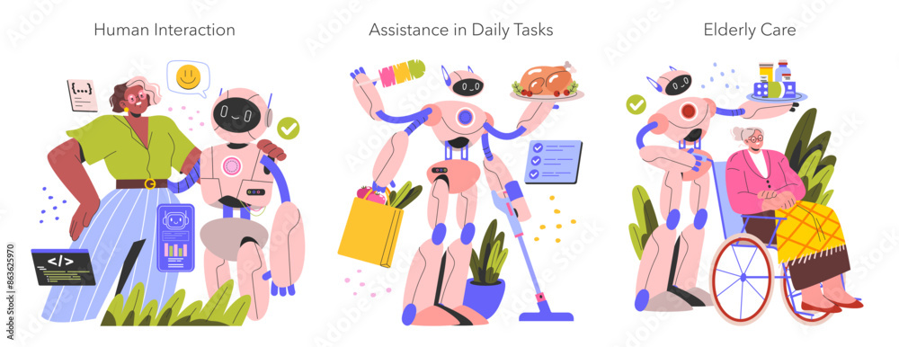 Robot Assistants. Flat Vector Illustration Robot Assistants. Flat Vector Illustration