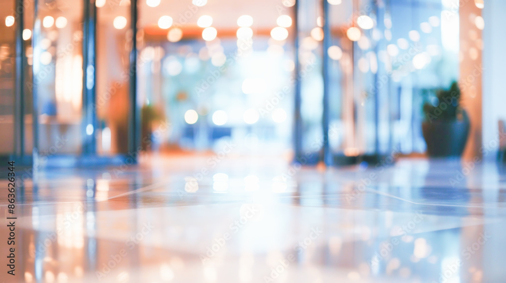A softly blurred photo of a residential building lobby with decorative lighting and residents entering and exiting A softly blurred photo of a residential building lobby with decorative lighting and residents entering and exiting