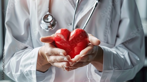 Healthy Heart and Cardiovascular Care: A close-up of a doctor’s hands holding a red heart shape and a stethoscope, symbolizing care and prevention for cardiovascular health