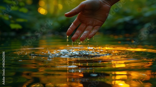 Fingers dipping into clear green river water with a bokeh background, representing the importance of protecting natural resources