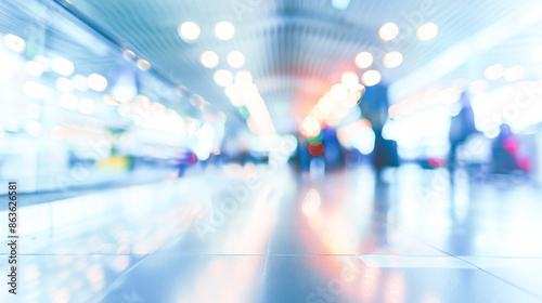 A soft-focus photo of an airport concourse with blurred walkway lights and travelers moving toward gates © soem