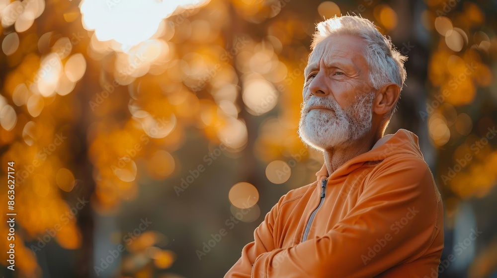 Senior man exercising outdoors, energetic, bright tones, professional photography, clear space for text Senior man exercising outdoors, energetic, bright tones, professional photography, clear space for text