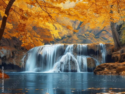 Waterfall in autumn, surrounded by vibrant fall foliage, golden leaves, serene flow, tranquil pool, crisp air, vibrant colors, peaceful ambiance, nature's palette, autumnal beauty,