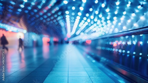 A blurred background of a futuristic interior with LED lights and a gradient of blue illuminating the space