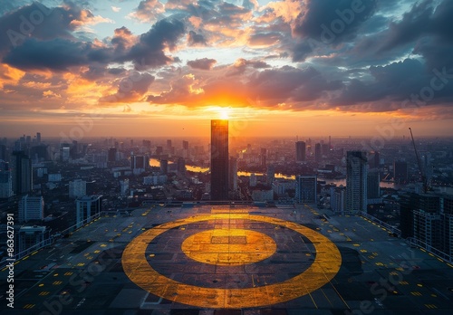 Sunset View From Rooftop With Yellow Circle