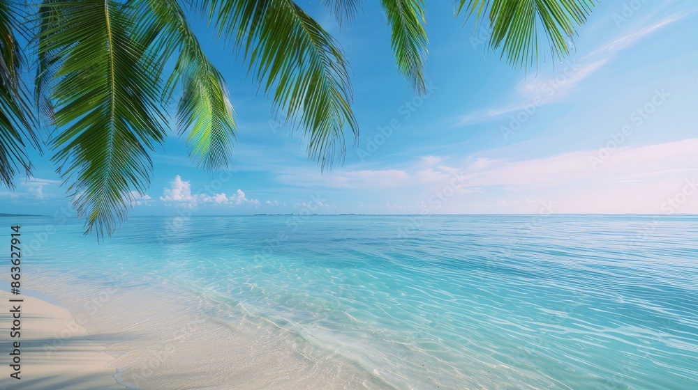 Serene Beach Scene - Calm Waters, Sunny Skies, Palm Trees Serene Beach Scene - Calm Waters, Sunny Skies, Palm Trees
