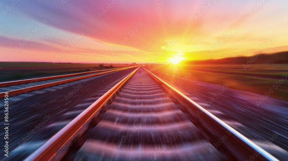 Obraz premium Serene Sunset Over Curved Train Track